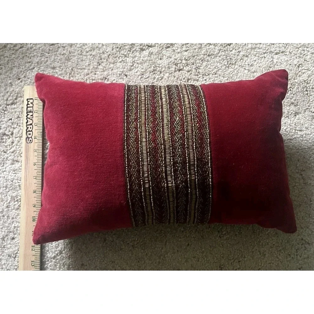 Pier 1 Lumbar Accent Pillow Burgundy w/ Gold & Red Beaded Decor